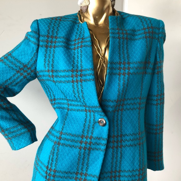 Vintage 1980s  Liz Claiborne  bold blue and black wool plaid blazer - Picture 6 of 11
